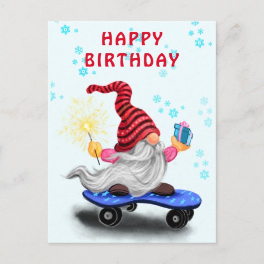 Happy Birthday Kaart Happy Skater Gnome met cadeau (Voorkant)