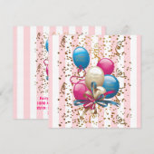 Happy Birthday Kaart Invitation Balloons Streep Ro (Voorkant / Achterkant)