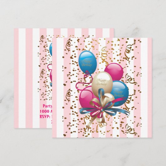 Happy Birthday Kaart Invitation Balloons Streep Ro (Voorkant / Achterkant)