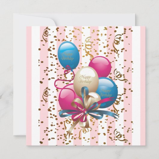 Happy Birthday Kaart Invitation Balloons Streep Ro (Voorkant)