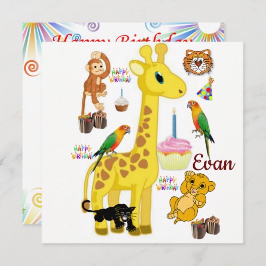 Happy Birthday Kaart Invitation Giraffe Monkey (Voorkant / Achterkant)