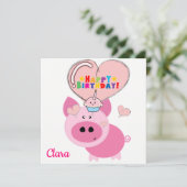 Happy Birthday Kaart Invitation Pink Pig (Staand voorkant)