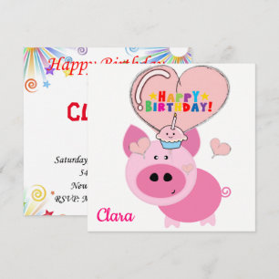 Happy Birthday Kaart Invitation Pink Pig
