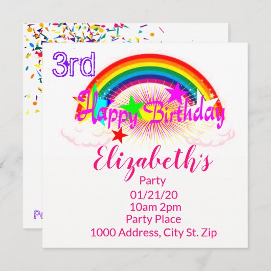 Happy Birthday Kaart Invitation Rainbow Confetti (Voorkant / Achterkant)