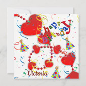 Happy Birthday Kaart Invitation Red Hearts (Voorkant)