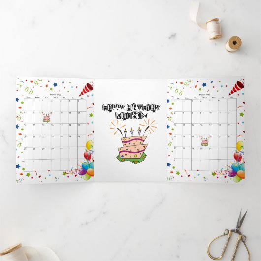 Happy Birthday Kaart maart 2022 Kalender Trifold (Binnen)