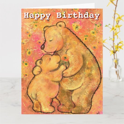 Happy Birthday Kaart Mam en Baby Beer - Hug (Gele Bloem)