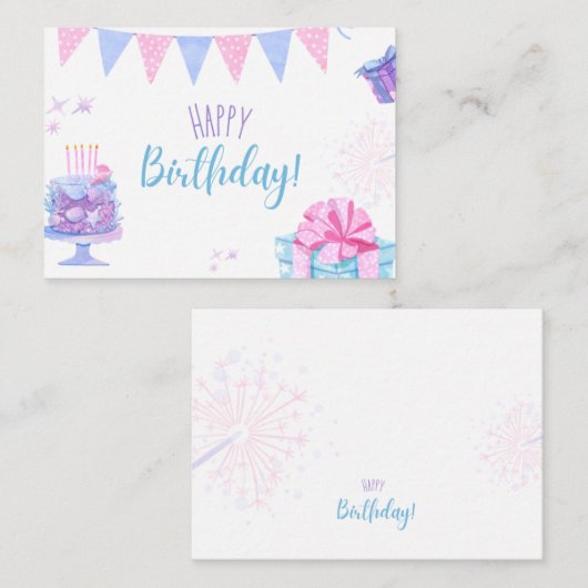 Happy Birthday-kaart met ballonnen en taart Notitiekaartje (Voorkant / Achterkant)