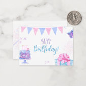 Happy Birthday-kaart met ballonnen en taart Notitiekaartje (Voorkant / Achterkant in situ)