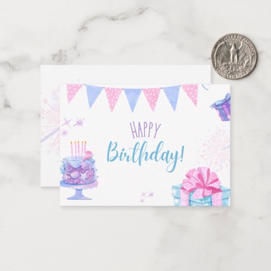 Happy Birthday-kaart met ballonnen en taart Notitiekaartje (Voorkant / Achterkant in situ)