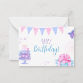 Happy Birthday-kaart met ballonnen en taart Notitiekaartje (Voorkant)
