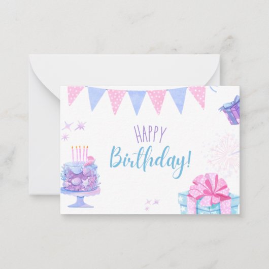 Happy Birthday-kaart met ballonnen en taart Notitiekaartje (Voorkant)