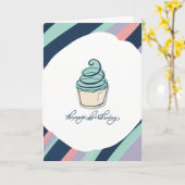 Happy Birthday Kaart met een Cupcake en strepen (Gele Bloem)