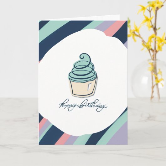 Happy Birthday Kaart met een Cupcake en strepen (Gele Bloem)
