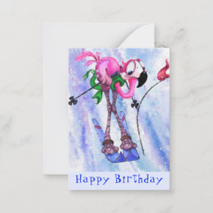 Happy Birthday Kaart met Funny Pink Flamingo Skier Notitiekaartje
