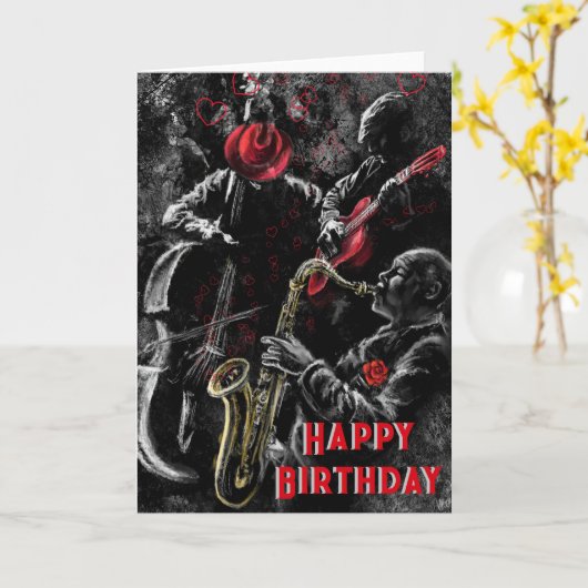 Happy Birthday Kaart met Jazz Music Band (Gele Bloem)