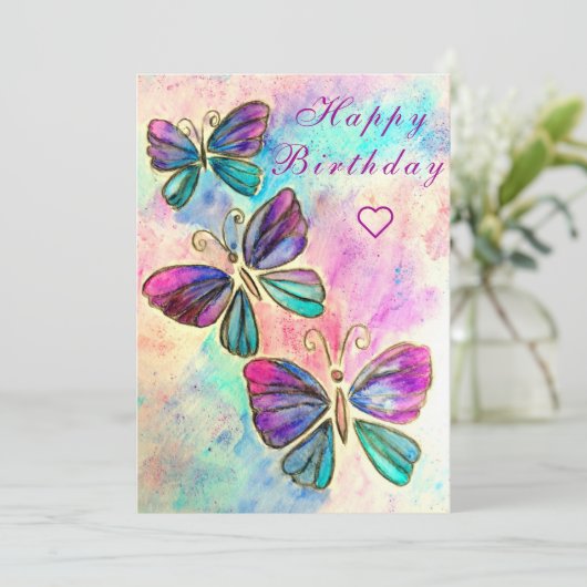 Happy Birthday Kaart met kleurrijke Vlinders (Staand voorkant)