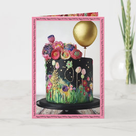 Happy Birthday-kaart met kunstdecocake en ballon Kaart