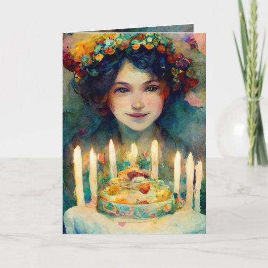 Happy Birthday, kaart met meisje en mooie cake (Voorkant)