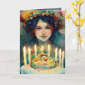 Happy Birthday, kaart met meisje en mooie cake (Gele Bloem)