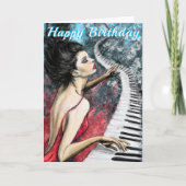 Happy Birthday Kaart met Piano Lady in Red (Voorkant)