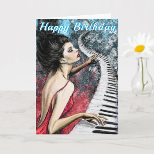 Happy Birthday Kaart met Piano Lady in Red (Kleine Plant)