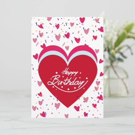 Happy Birthday Kaart met rode HART achtergrond (Staand voorkant)