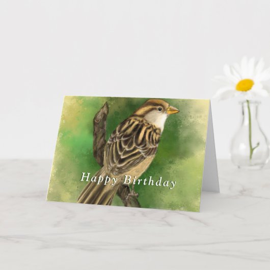 Happy Birthday Kaart met Schattigee Sparrow (Kleine Plant)