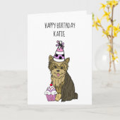 Happy Birthday Kaart met Yorkie en Cupcake (Gele Bloem)