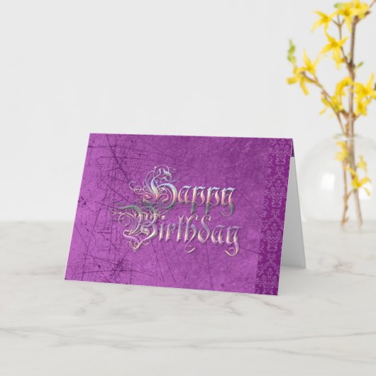 Happy Birthday Kaart Paarse Graffiti Tekst (Gele Bloem)