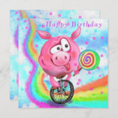 Happy Birthday Kaart - Piggy Cyclist met Lollipop (Voorkant / Achterkant)