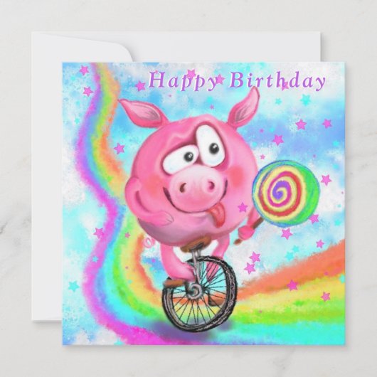 Happy Birthday Kaart - Piggy Cyclist met Lollipop (Voorkant)