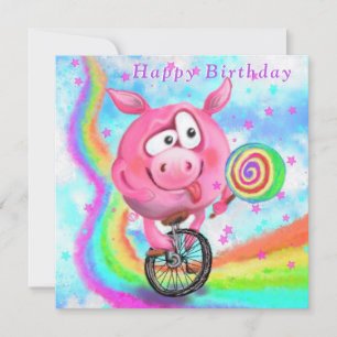 Happy Birthday Kaart - Piggy Cyclist met Lollipop