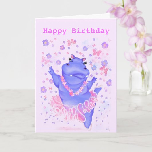 Happy Birthday Kaart Prima Ballerina Hippo Cartoon (Orchidee)
