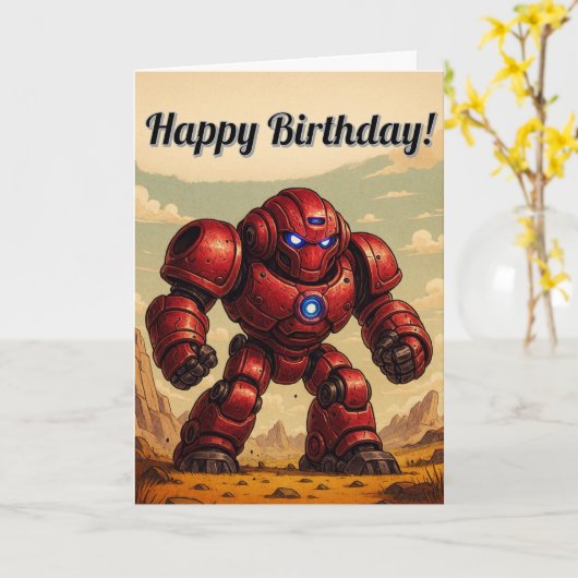 Happy Birthday Kaart – Red Robot Mech (Gele Bloem)