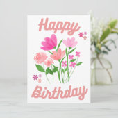 Happy Birthday Kaart roze bloemen (Staand voorkant)