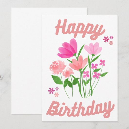 Happy Birthday Kaart roze bloemen (Voorkant / Achterkant)