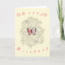 Happy Birthday Kaart roze vlinder in Rozen