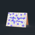 Happy Birthday Kaart Sister, persoonlijk<br><div class="desc">Volledig aanpasbaar,  personaliseer het,  voeg een naam toe,  wijzig het relatie aan de voorkant,  voeg een bericht toe of wijzig het.  blauw,  paarse en oranje bloemen en stippen.</div>