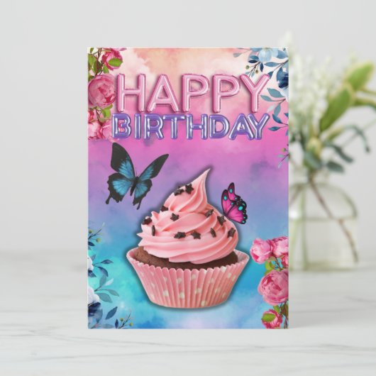 Happy Birthday Kaart (Vlinderthema) (Staand voorkant)