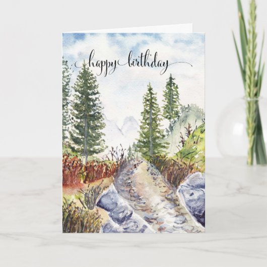 Happy Birthday Kaart voor hem, Waterverf bergen (Voorkant)