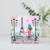 Happy Birthday Kaart Vrouw met roze hartballon (Staand voorkant)