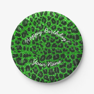 Happy Birthday kalme green glitter leopard Papieren Bordje
