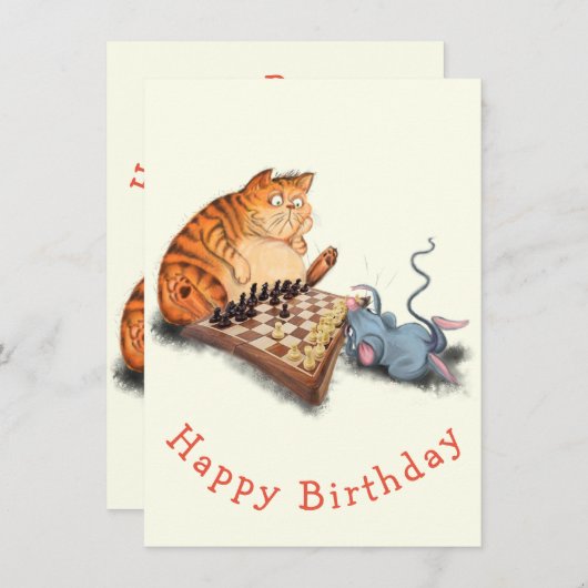 Happy Birthday - Kat en muis die Chess Funny spele (Voorkant / Achterkant)