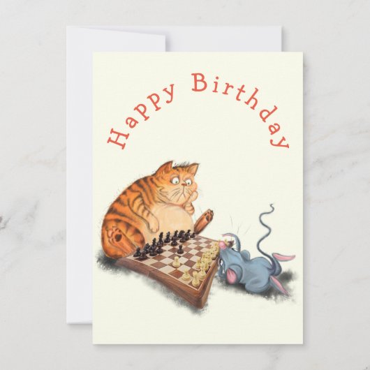 Happy Birthday - Kat en muis die Chess Funny spele (Achterkant)