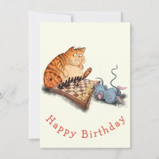 Happy Birthday - Kat en muis die Chess Funny spele (Voorkant)