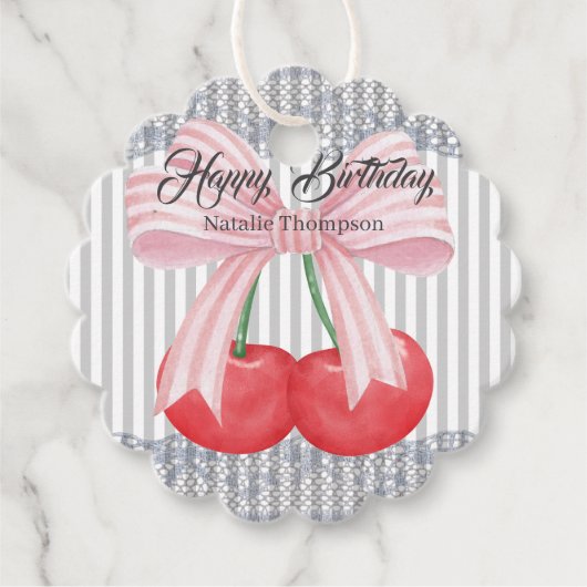 Happy Birthday  Kersen blauw strepen pastel Bedankjes Labels (Voorkant)