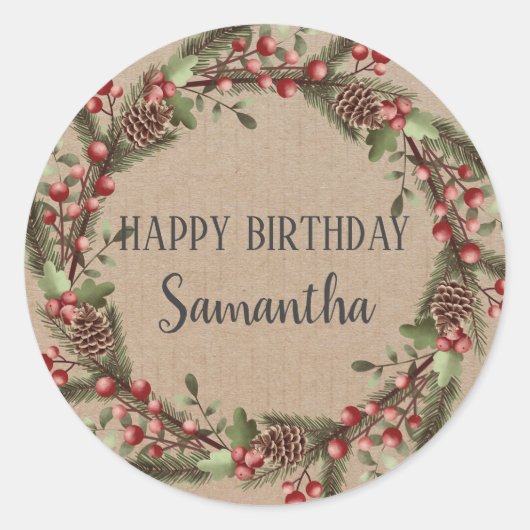 Happy Birthday Kerstmis Floral Wreath Craft Ronde Sticker (Voorkant)