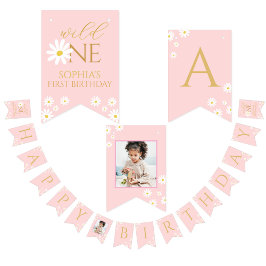 Happy Birthday Kids boho daisy Cute Pink  Vlaggetjes
