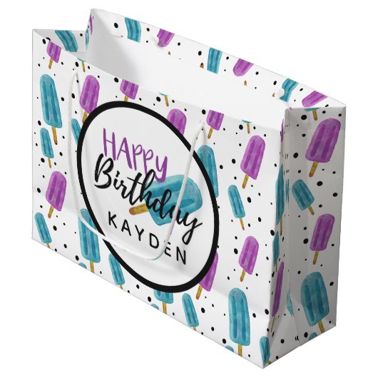 Happy Birthday Kind's naam Summer Ice Pop Party Groot Cadeauzakje (Voorkant Gekanteld)